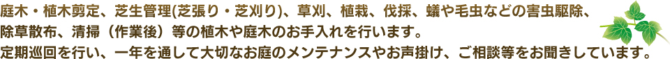 庭木・植木剪定、芝生管理(芝張り・芝刈り)、草刈、植栽、伐採、蟻や毛虫などの害虫駆除、除草散布、清掃（作業後）等の植木や庭木のお手入れを行います。